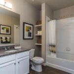 Apartment bathroom vanity and shower - Elements at Prairie Center
