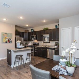 an apartment dining room and kitchen at Elements at Prairie Center