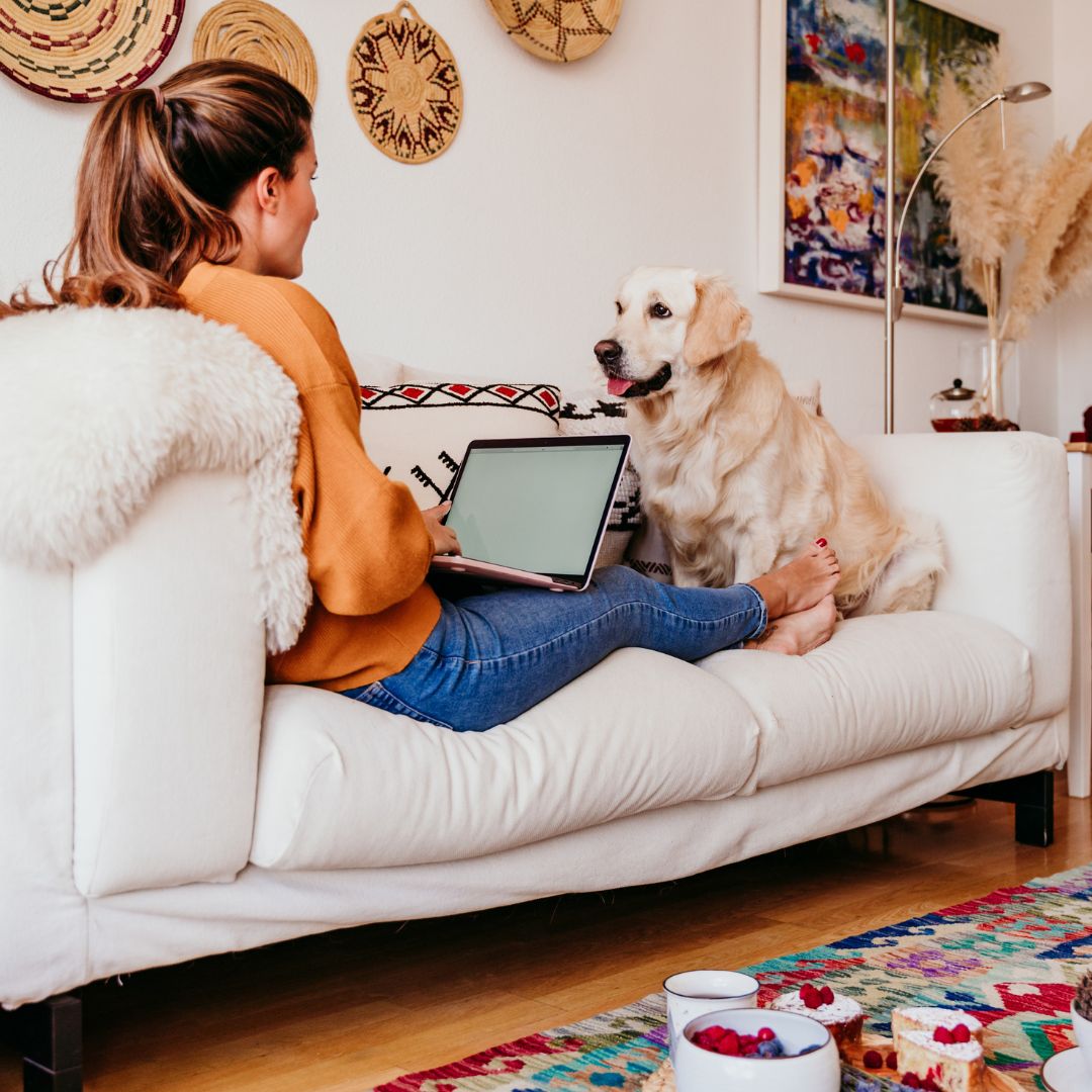 woman on couch working with dog