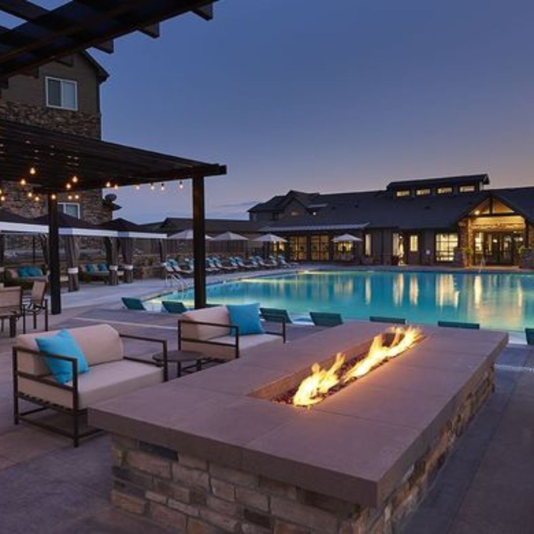 The pool and firepit at Elements at Prairie Center