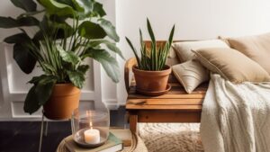 cosy sitting area with plants and a lit candle