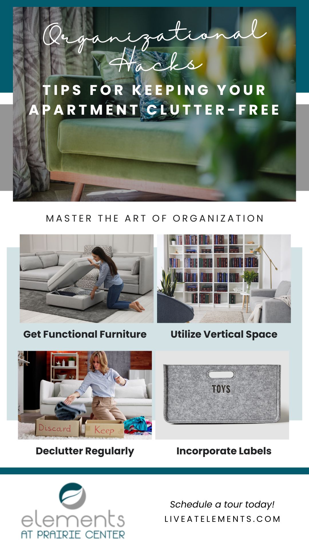 infographic with organizational hacks for apartments