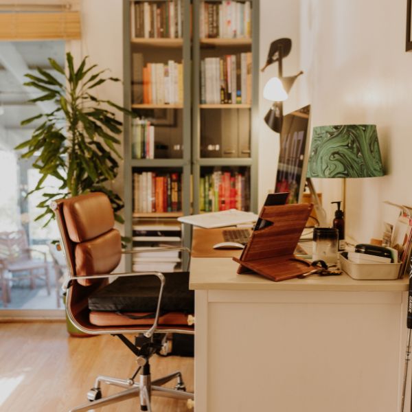 home office with a book shelf