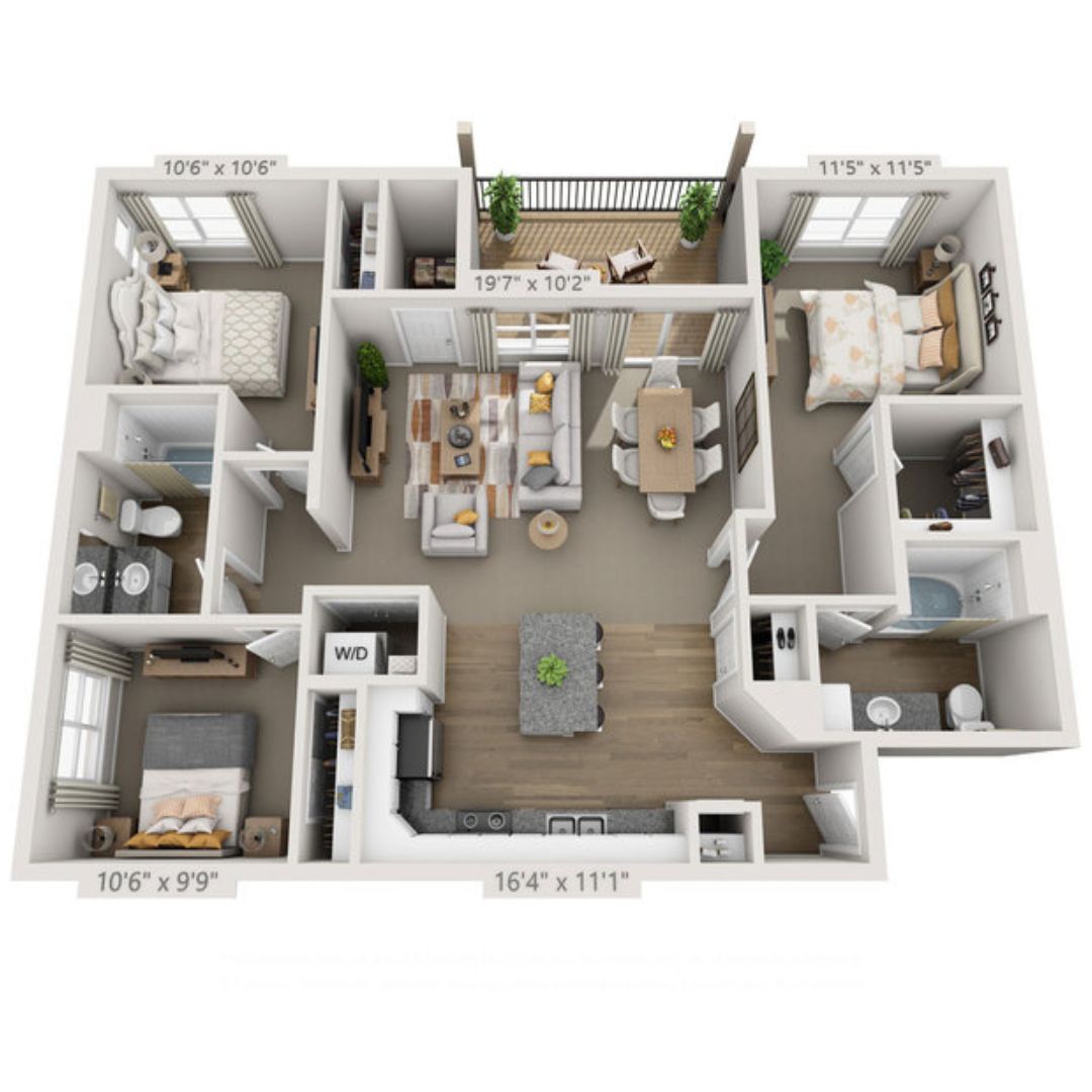 Three-bedroom apartment floor plan with labeled measurements