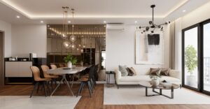Modern living and dining room with contemporary decor