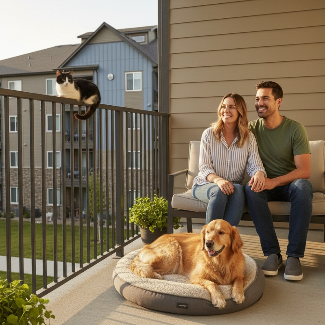 couple and pets on a balcony