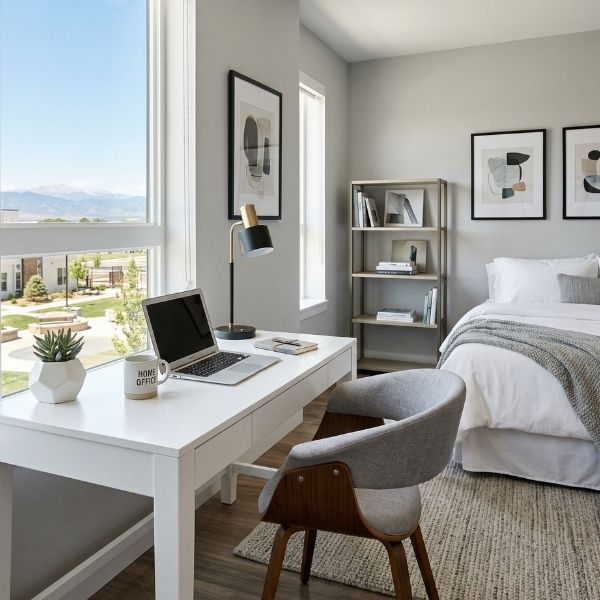 Modern 2-bedroom apartment used as a home office with natural light.