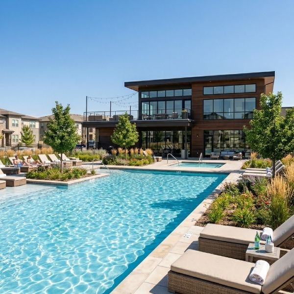 Resort-style apartment swimming pool and sun deck.