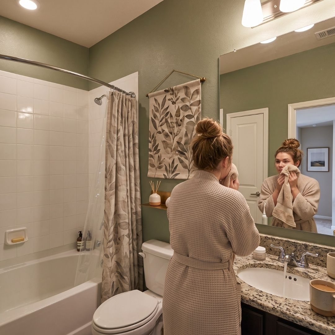 Image of a woman doing her morning routine in her bathroom