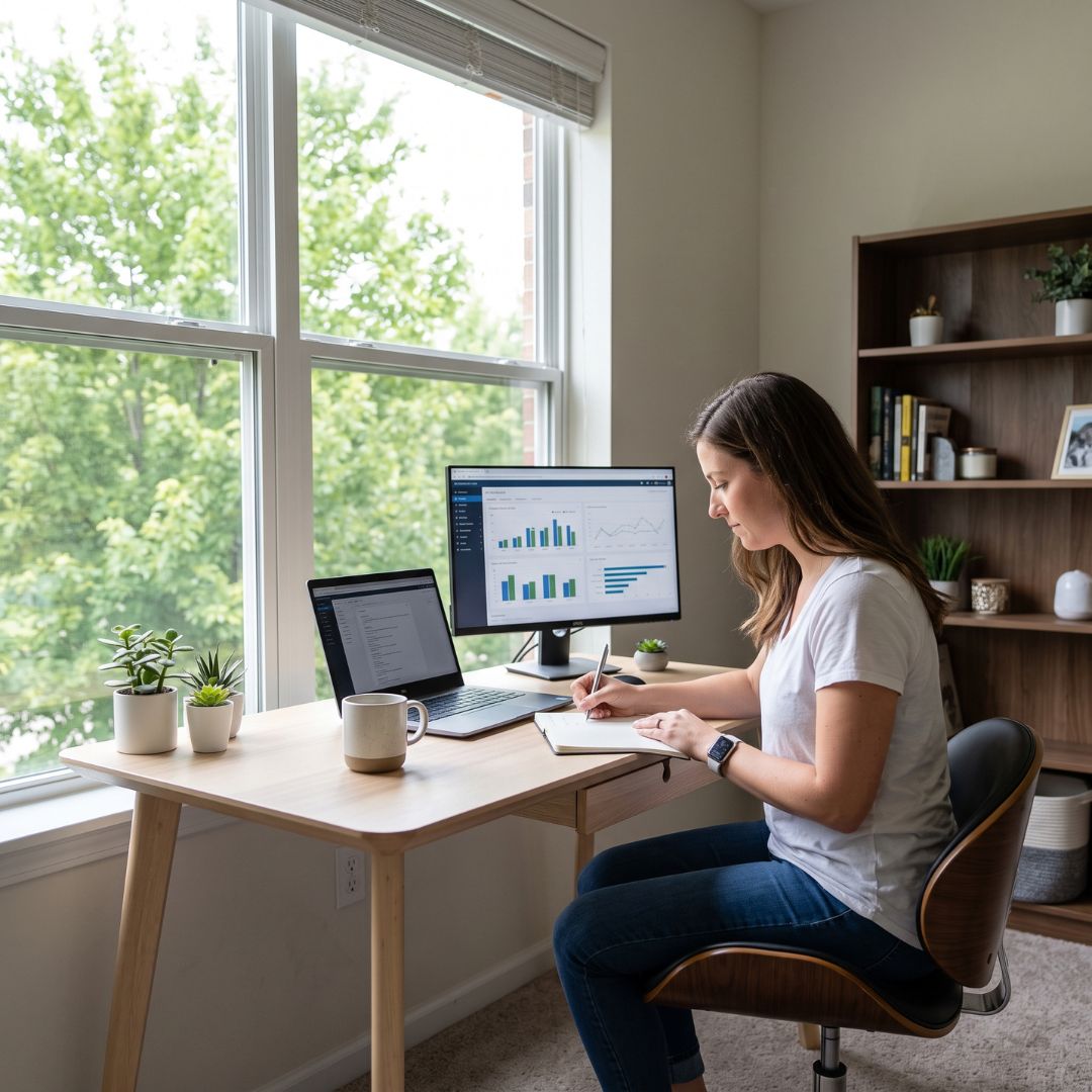 person on computer in their apartment