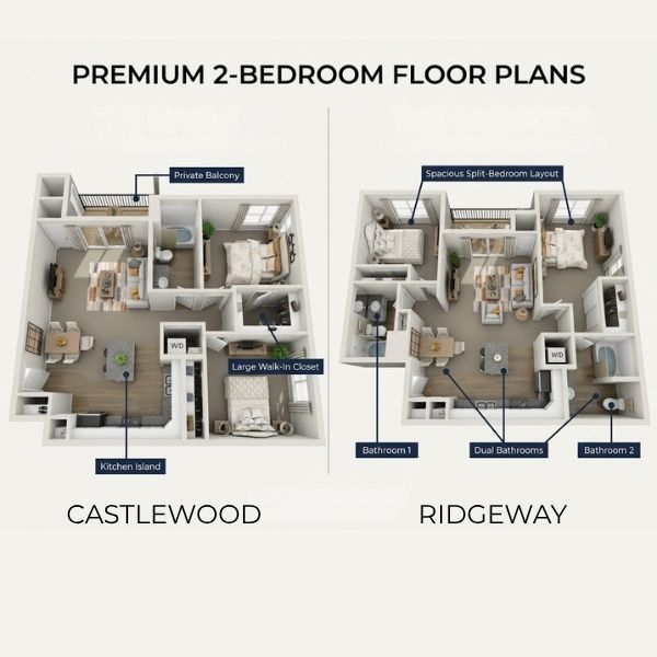3D floor plan renderings comparing our spacious 2-bedroom Castlewood and Ridgeway apartment layouts.