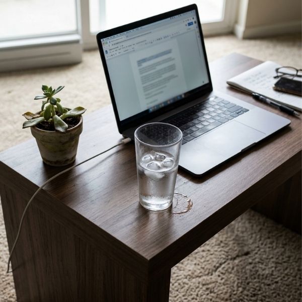 Functional desk setup with a laptop and iced water showing a comfortable work-from-home environment.