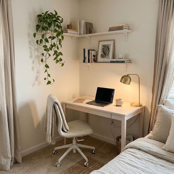 Practical and decorated home office corner with renter-friendly shelving and a desk lamp.