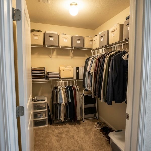 Organized apartment walk-in closet with beige carpet and canvas storage bins for office supplies.