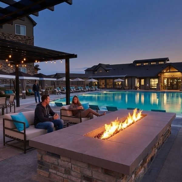 Residents relaxing by the fire pit next to our illuminated resort-style swimming pool at twilight.